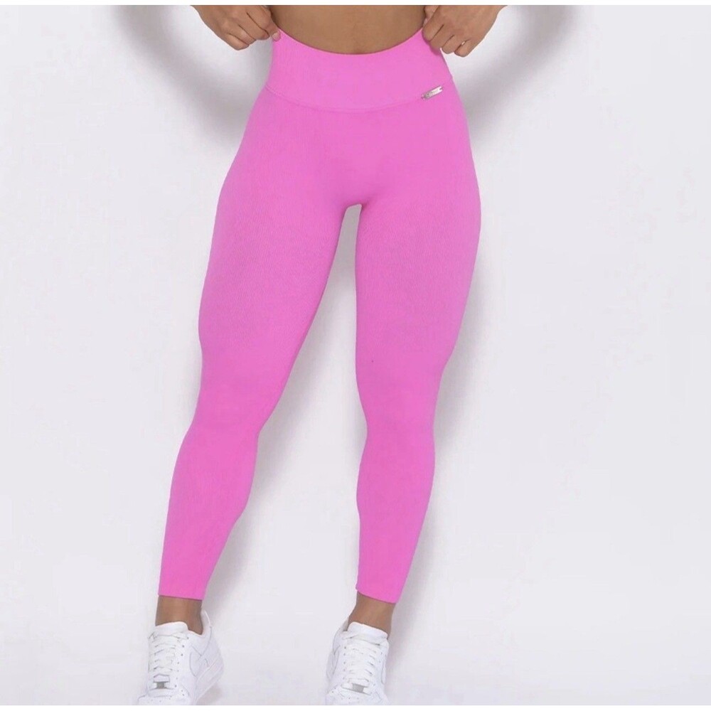 Bombshell Sportswear Neon Pink Ribbed Leggings Women Size Small Bodybuilding Gym